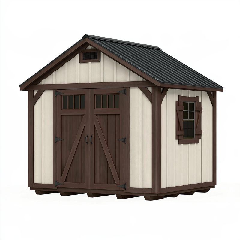 Abri de jardin 240 x 180 x 220 cm en résine beige et marron avec double porte style rustique