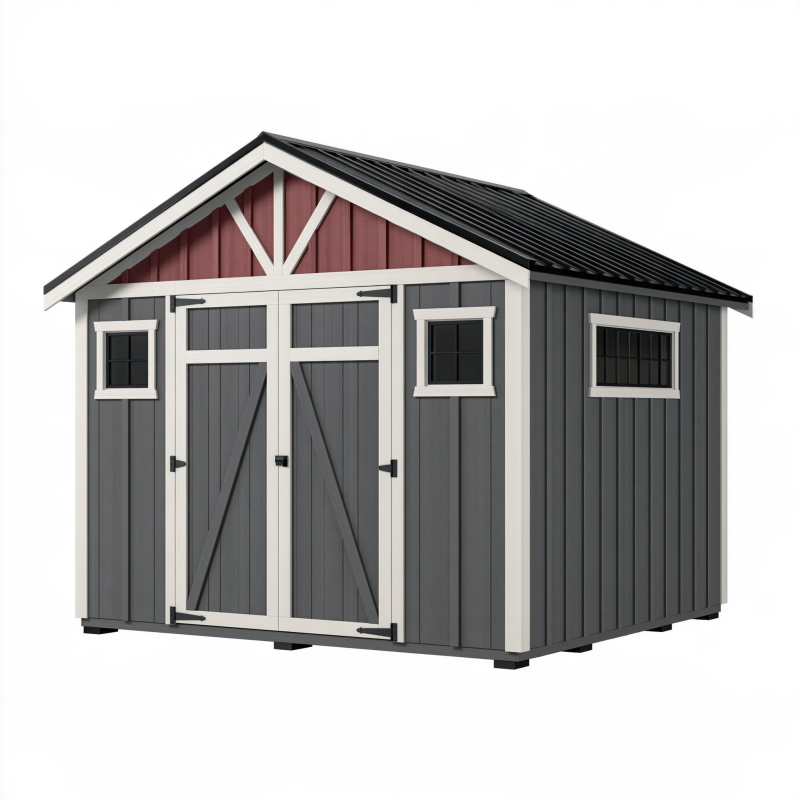 Abri de jardin 213 x 191 x 203 cm en bois gris rouge et blanc avec double porte