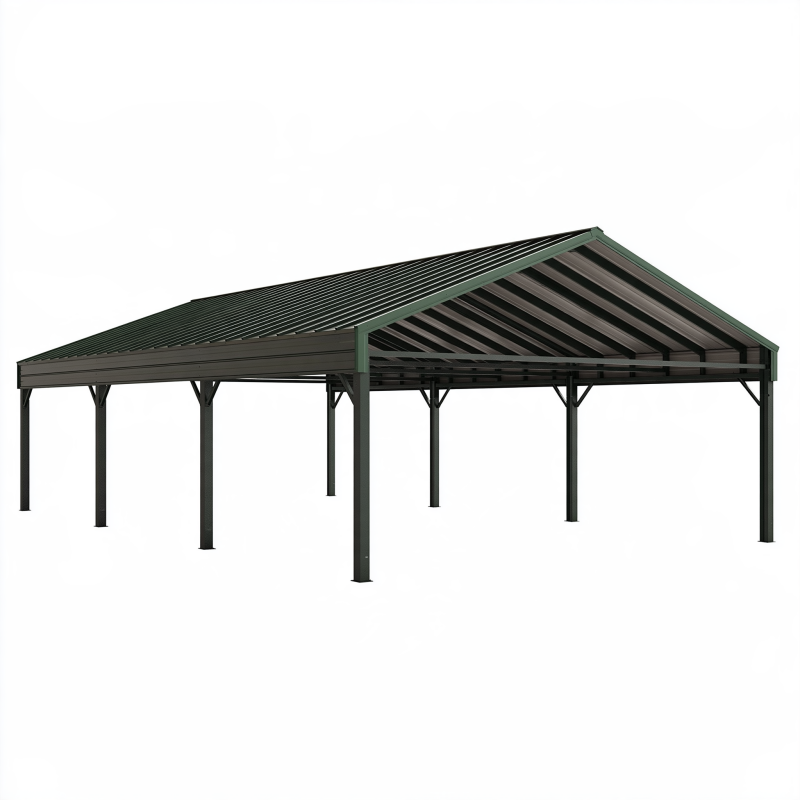 Carport 600 x 300 x 270 cm en acier vert foncé pour voiture à toit double pente