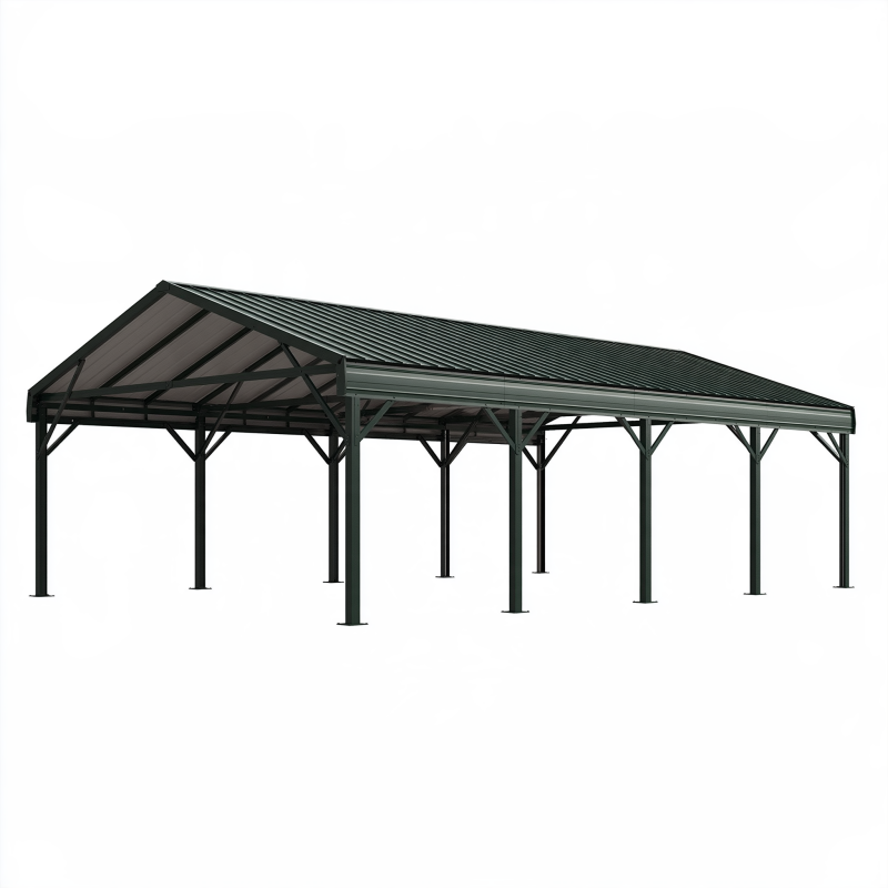 Abri voiture 600 x 500 x 280 cm en acier vert foncé avec toit incliné