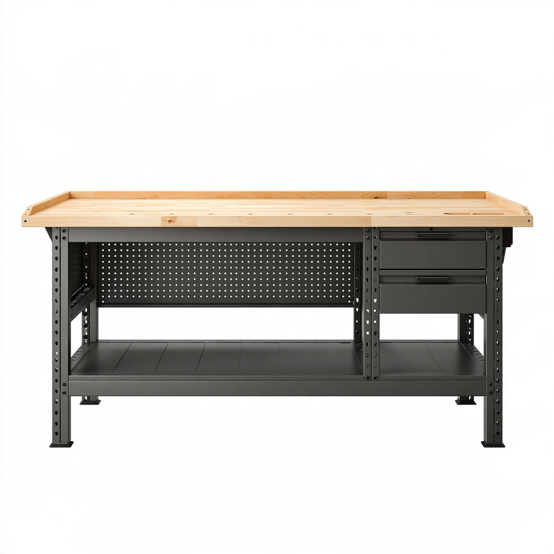 Établi 160 x 60 x 90 cm en acier et bois noir naturel avec tiroirs pour atelier
