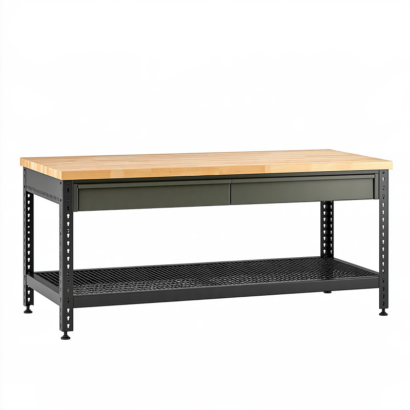 Établi 152 x 61 x 91 cm en acier noir et bois avec tiroirs et étagère de rangement