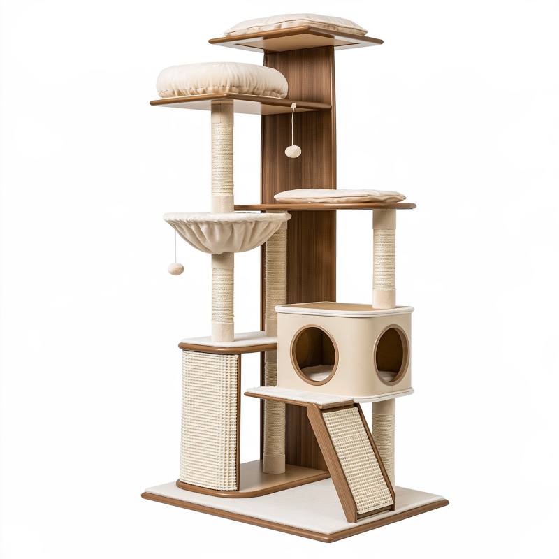 Arbre à chat 60 x 60 x 180 cm en bois brun et beige avec griffoirs en sisal et niches