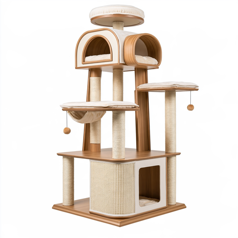 Arbre à chat 70 x 55 x 170 cm en bois beige et naturel avec griffoirs et niches