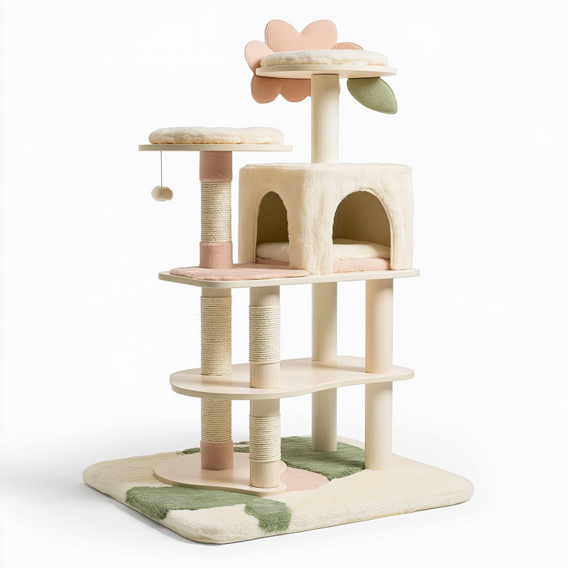Arbre à chat 60 x 50 x 150 cm en sisal et peluche crème rose vert avec niches et plateformes