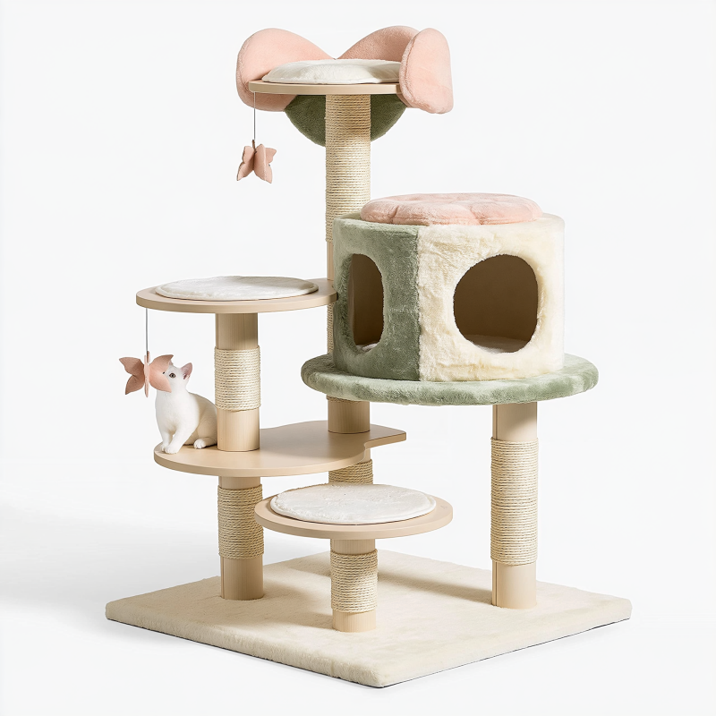 Arbre à chat 60 x 50 x 130 cm en sisal et peluche vert crème rose avec niches et plateformes