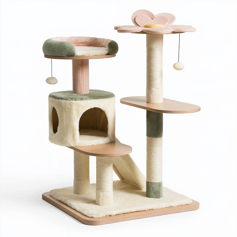 Arbre à chat 60 x 50 x 145 cm beige rose et vert avec griffoirs niche et plateformes