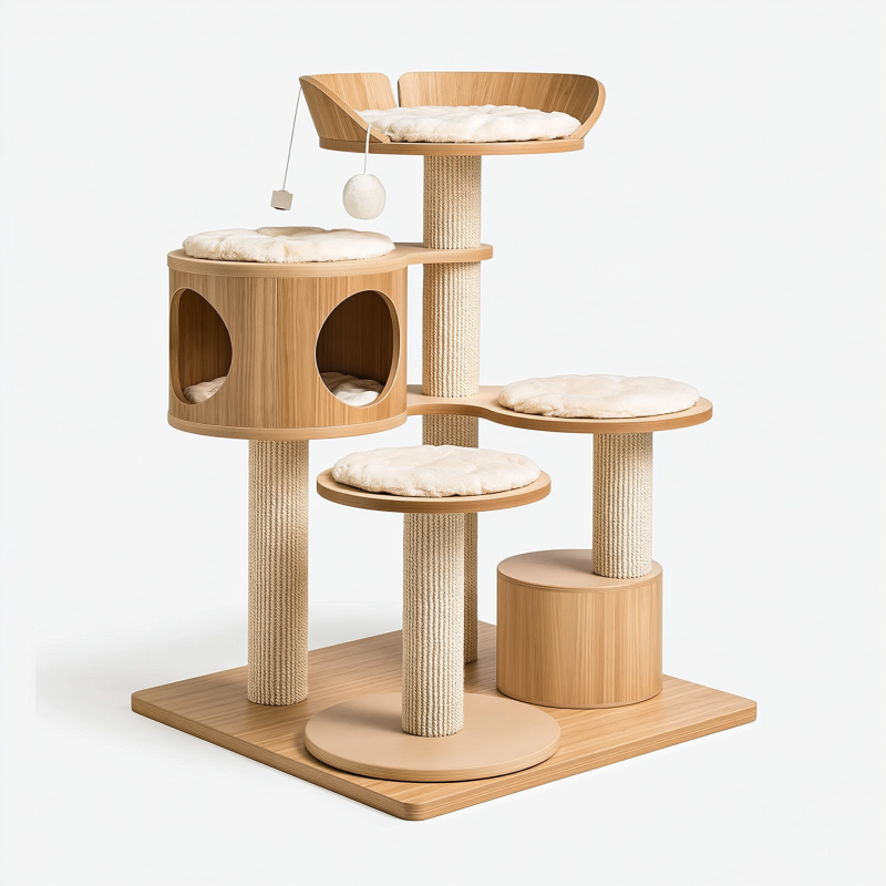 Arbre à chat 70 x 50 x 145 cm en bois beige avec griffoirs et plateformes