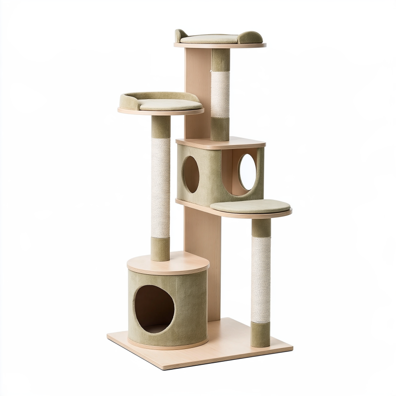 Arbre à chat 60 x 60 x 160 cm en bois beige et vert avec griffoirs et niches