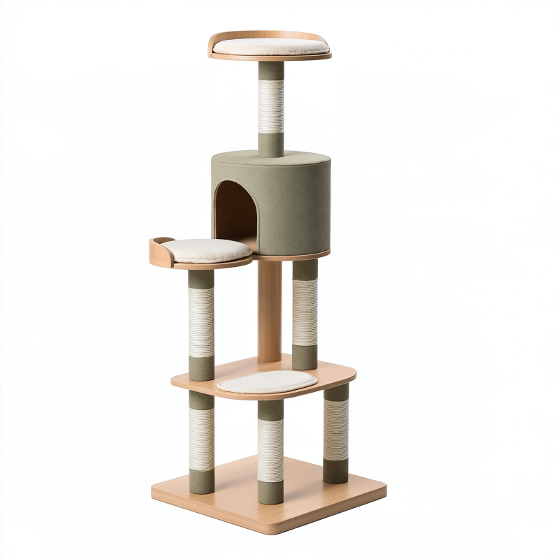 Arbre à chat 60 x 60 x 160 cm en bois beige avec poteaux en sisal et niche
