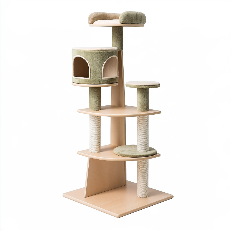 Arbre à chat 60 x 50 x 150 cm en bois beige et vert avec griffoirs et niches
