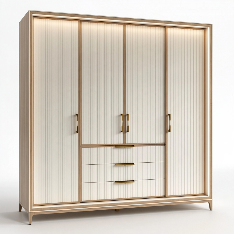Armoire 200 x 60 x 220 cm en panneaux de bois beige et bois clair à 4 portes avec tiroirs
