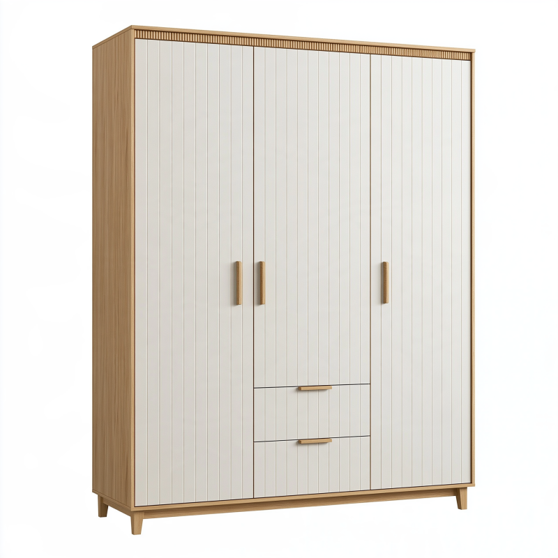 Armoire 3 portes 160 x 55 x 200 cm en panneaux de bois blanc et chêne clair avec tiroirs style contemporain