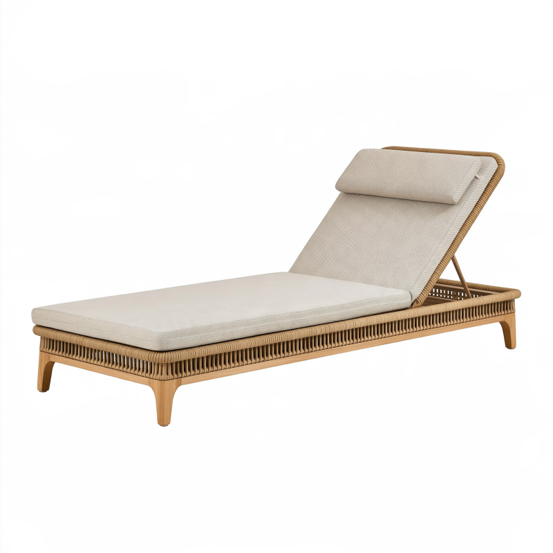 Chaise longue d'extérieur 200 x 70 cm en fibres tressées beige avec dossier réglable